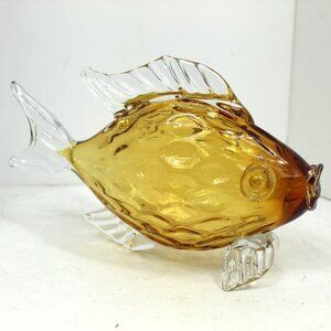 Hand Blown Art Glass Murano Style Large Golden Honey Glass Fish Figure